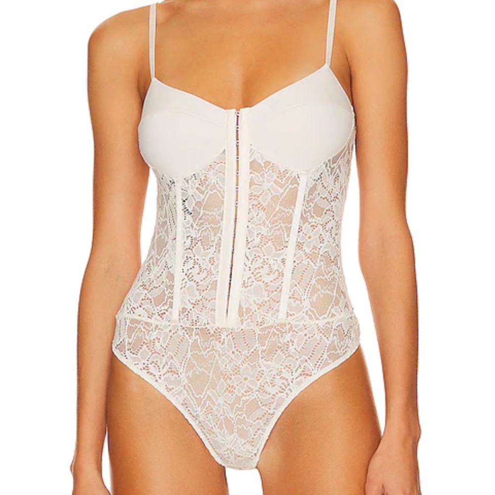 Free People Intimately Lace Night Rhythm Bodysuit in Ecru Corsette Cream